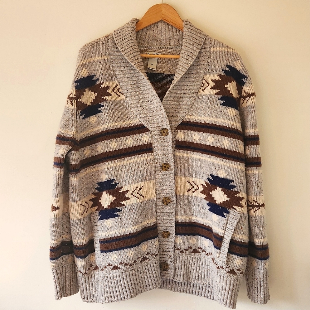 Duluth Trading Co Wool Blend Front Button Western Print Sweater XXL
